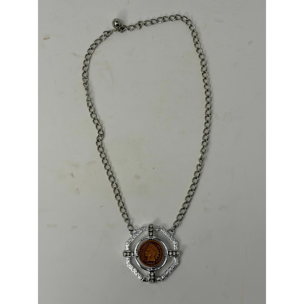 Vintage 1903 Indian Head Penny Necklace Silvertone Rhinestone Coin Pendant 17"
